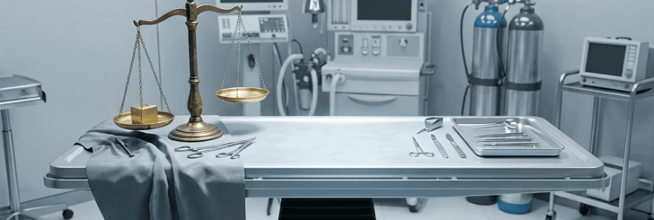 Metal autopsy table with surgical instruments, balance scale, and blood-stained cloths in a dim forensic lab